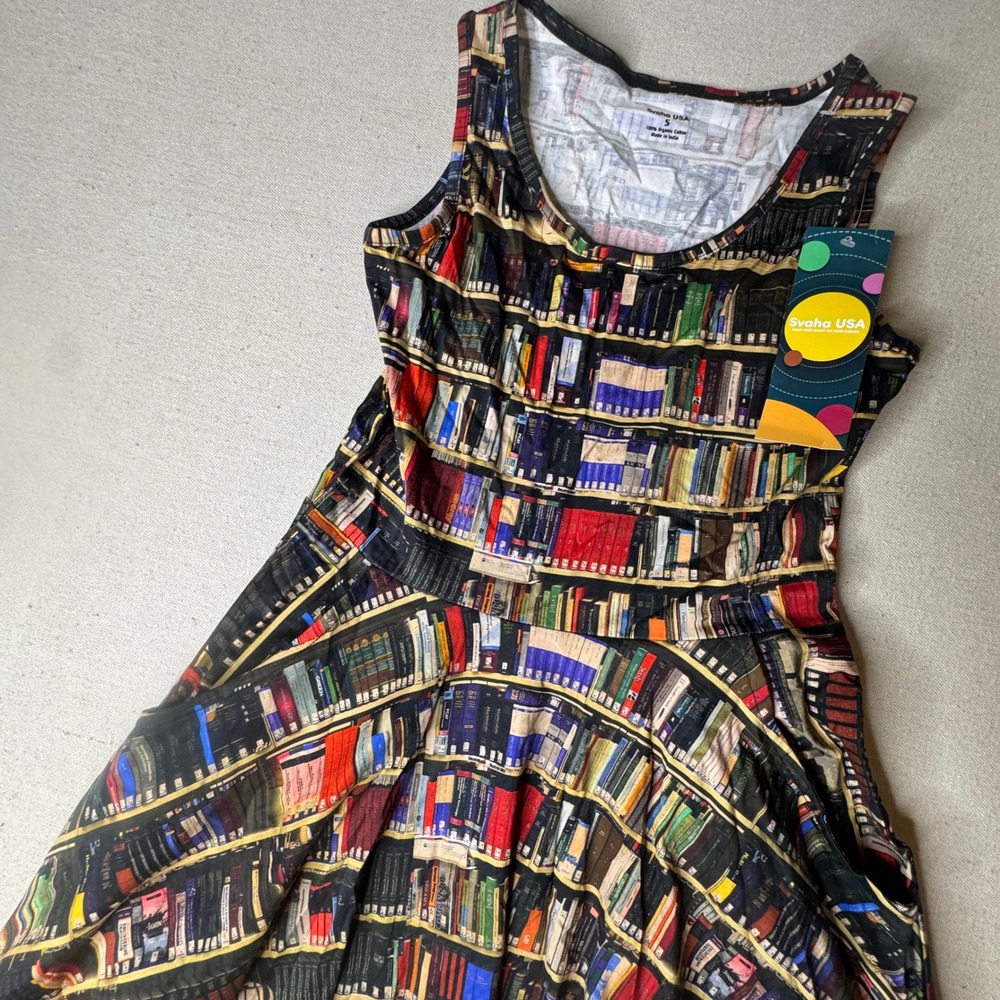 Svaha USA Women S Library Bookshelf Print Organic Cotton Pocket Dress Sleeveless